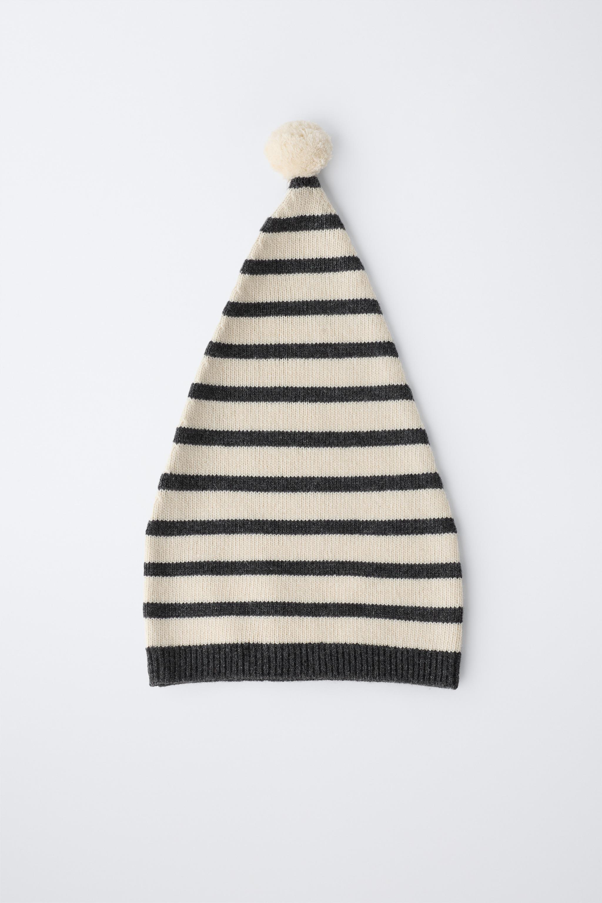 BONNET EN MAILLE RAYÉ À POMPON AVEC LAINE